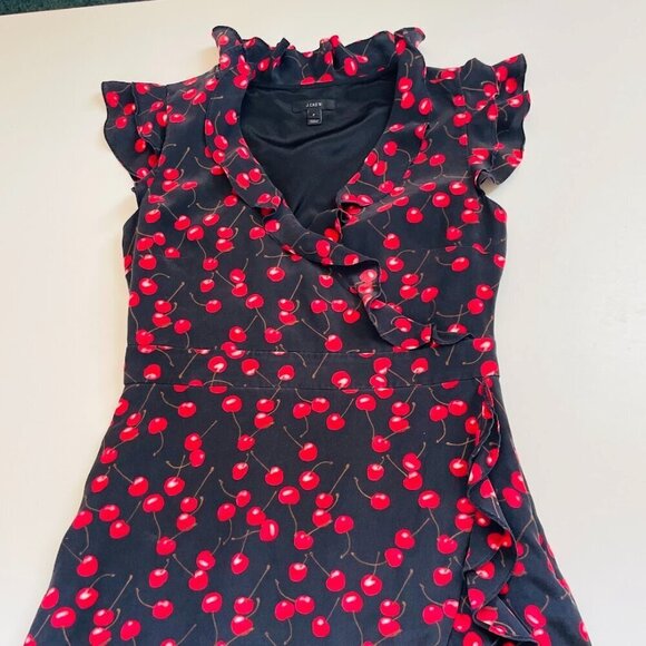 J. Crew 100% Silk Black Cherry Print Ruffle Cap Sleeve V Neck Midi Dress V Neck - Picture 5 of 12
